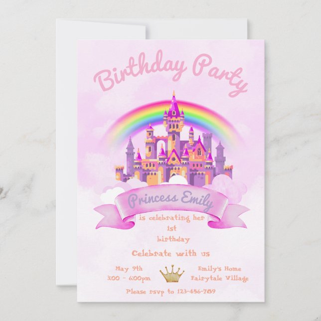 Princess 1st Birthday Invitation Editable Pink (Front)
