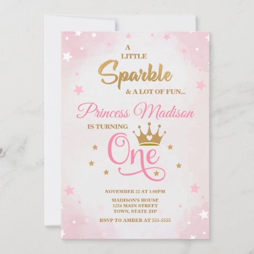 Princess 1st Birthday Invitation Pink  Gold Invitation