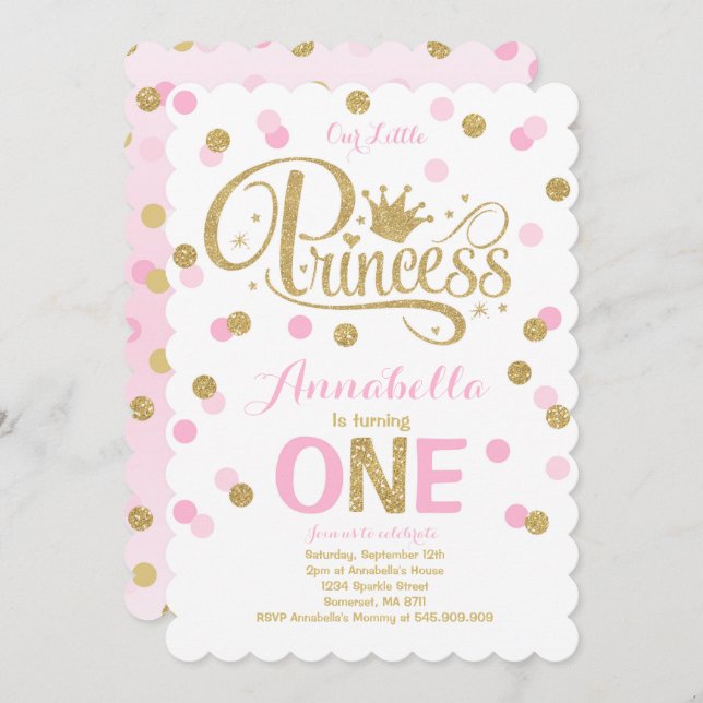 Princess 1st Birthday Invitation Pink Gold Invite (Front/Back)
