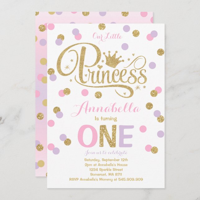 Princess 1st Birthday Invitation Pink Purple Gold (Front/Back)