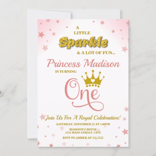 Princess 1st Birthday Invitation Sparkle Pink Gold