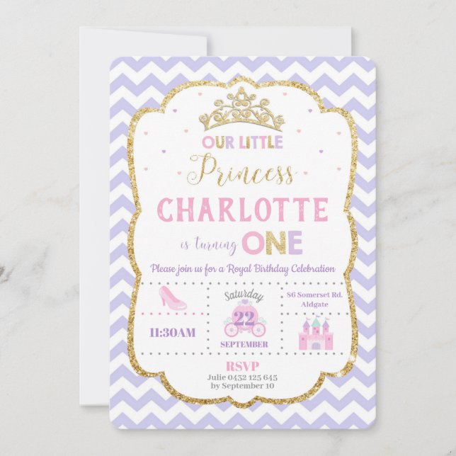 Princess 1st Birthday Invitations Purple and Gold (Front)