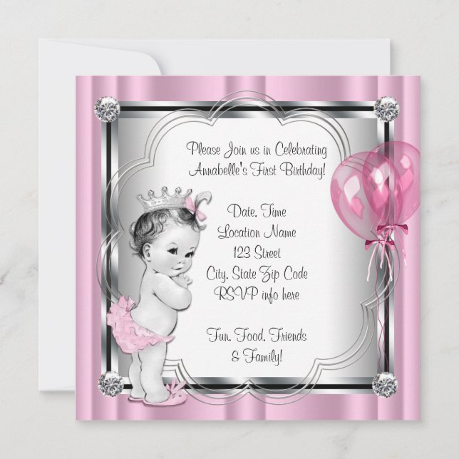 Princess 1st Birthday Party Invitation (Back)