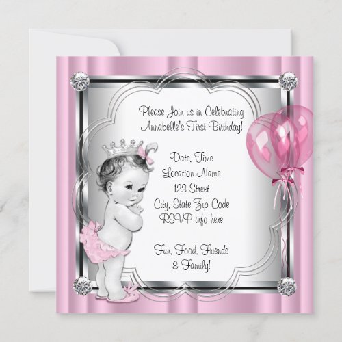 Pink and Black Princess 1st Birthday Party Announcements