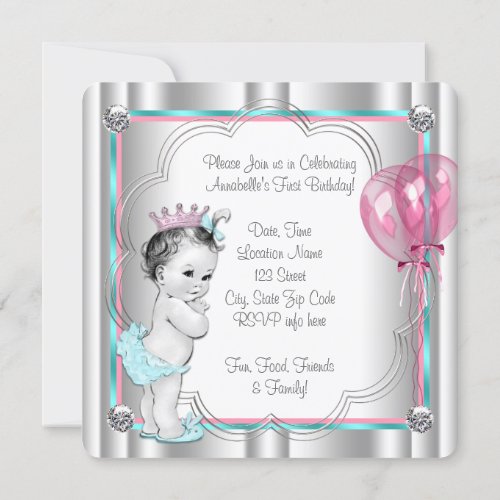 Pink and Teal Blue Princess 1st Birthday Party Custom Invitations