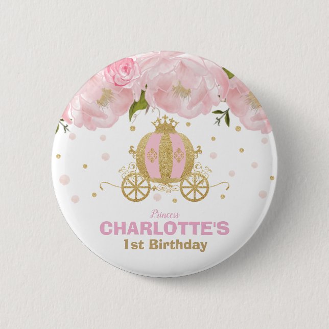 Princess 1st Birthday Party Pink Gold Carriage Button (Front)