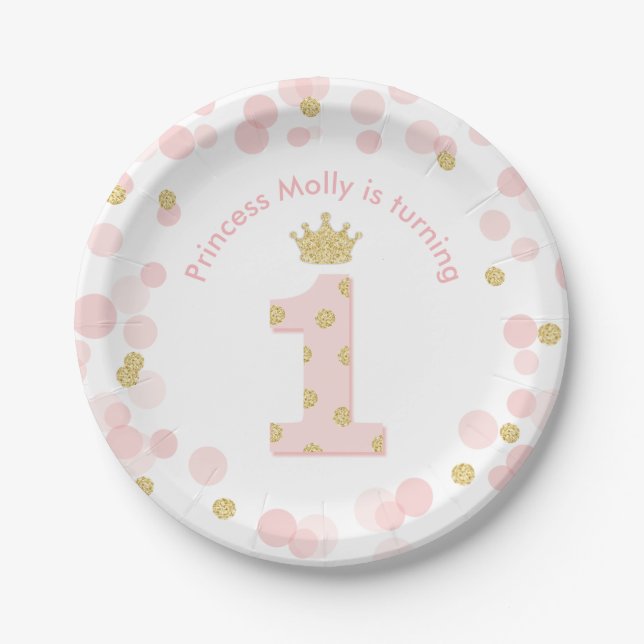 Princess 1st Birthday Party Pink Gold Confetti Paper Plates (Front)