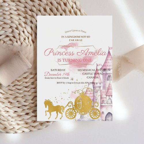  Princess 1st Birthday Party Pink  Gold Invitation