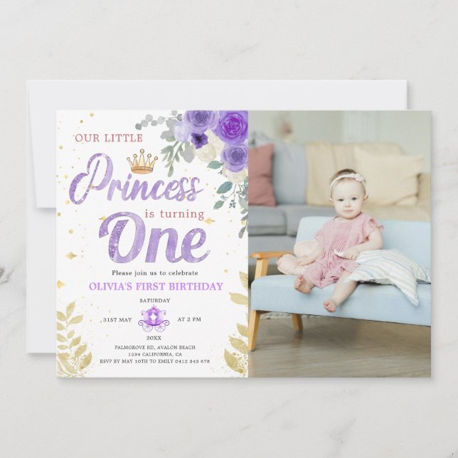 Princess 1St Birthday Photo Crown Lilac Purple  Invitation (Front)