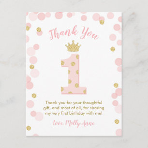 Princess 1st Birthday Pink Gold Thank You Card