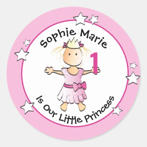 Princess 1st Birthday Sweet PInk Cute Cartoon Classic Round Sticker