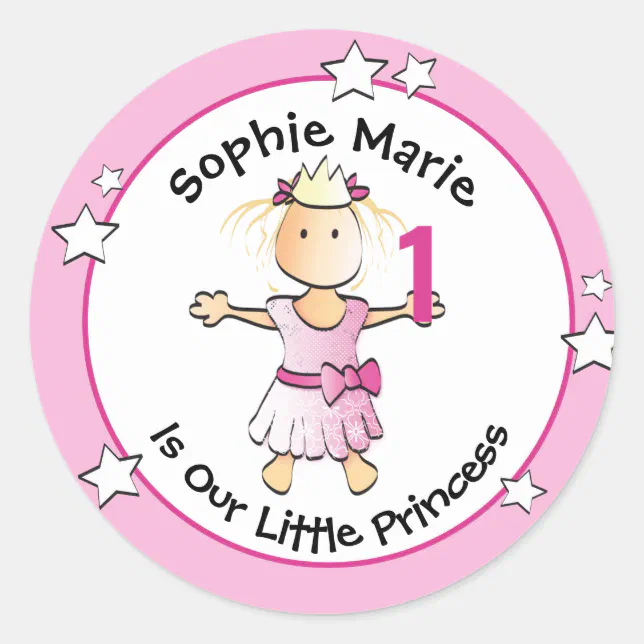Princess 1st Birthday Sweet PInk Cute Cartoon Classic Round Sticker ...