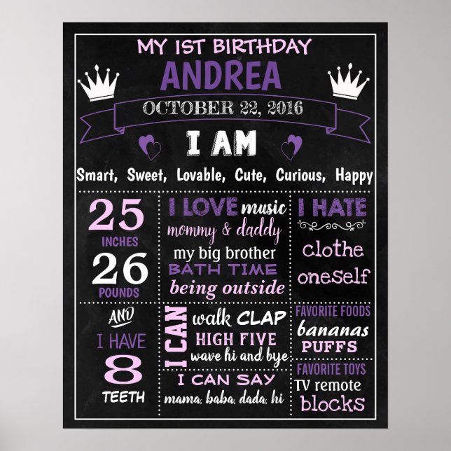 Princess 1st First Birthday chalkboard sign purple (Front)