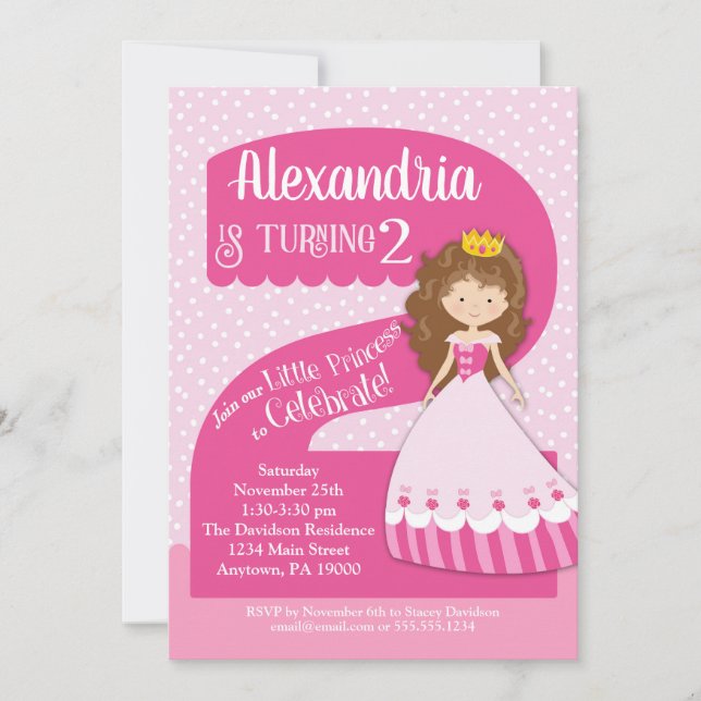 Princess 2nd Birthday Invitation Brunette Girl (Front)