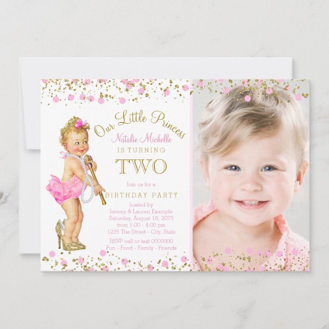 Princess 2nd Birthday Pink Gold Photo Invitation (Front)