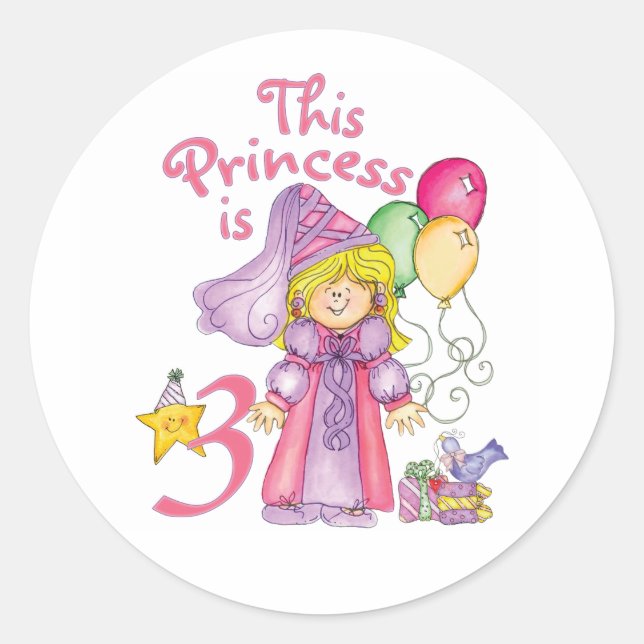 Princess 3rd Birthday Classic Round Sticker (Front)