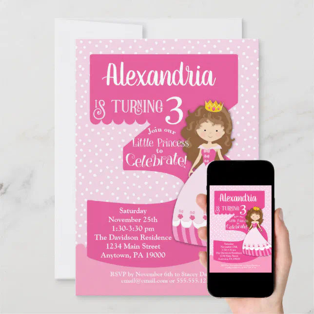 Princess 3rd Birthday Invitation Brunette Girl | Zazzle