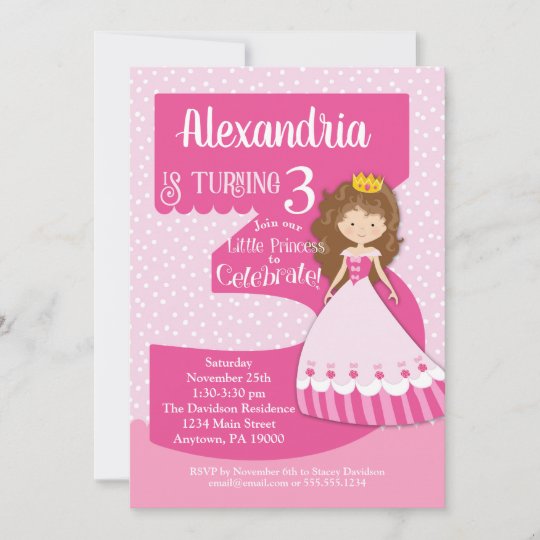 Princess 3rd Birthday Invitation Brunette Girl | Zazzle.com