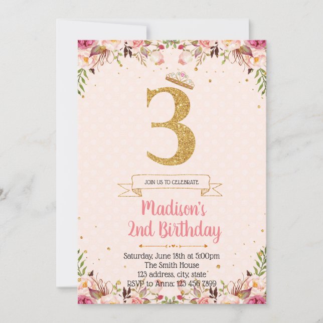 Princess 3rd birthday party invitation card (Front)