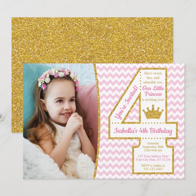Princess 4th Birthday Invitation | Pink and Gold (Front/Back)