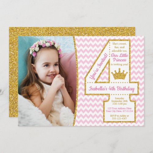 Princess 4th Birthday Invitation  Pink and Gold