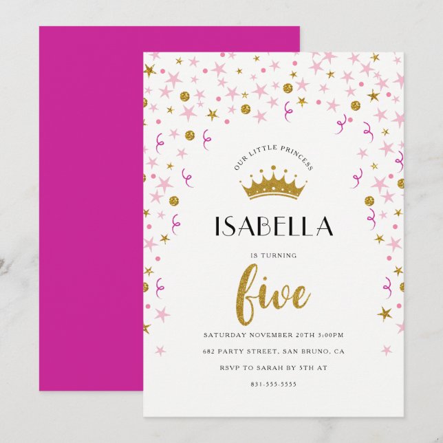 Princess 5th Birthday | Gold & Pink Confetti Invitation (Front/Back)