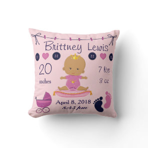 Princess African American Baby Nursery Birth Stats Throw Pillow