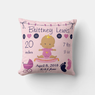 Princess African American Baby Nursery Birth Stats Throw Pillow