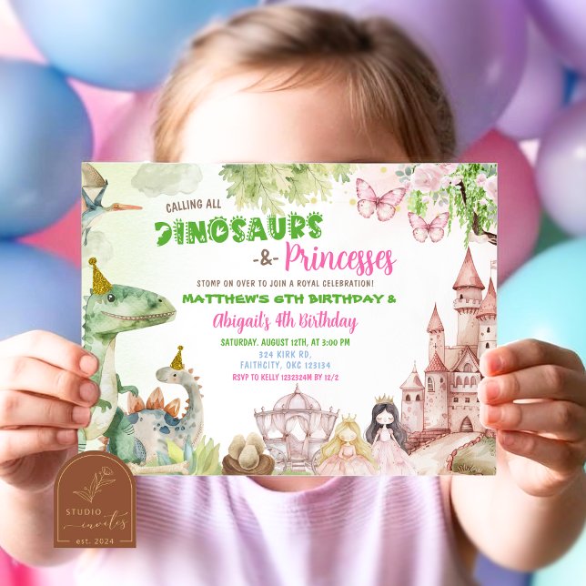 Princess and Dinosaur Boy Girl Joint Birthday  Invitation (Creator Uploaded)