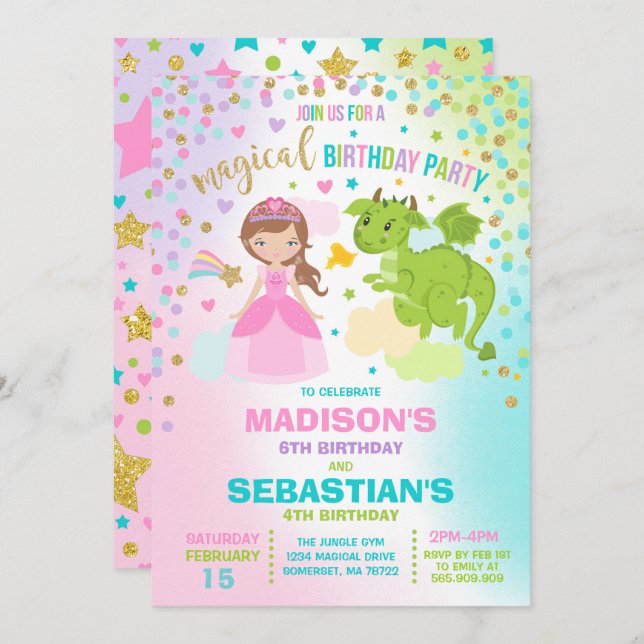 Princess And Dragon Birthday Invitation Siblings (Front/Back)