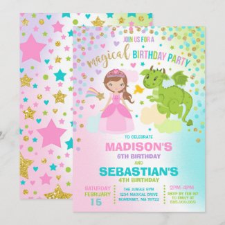 Princess And Dragon Birthday Invitation Siblings