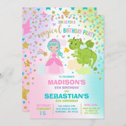 Princess And Dragon Birthday Invitation Siblings