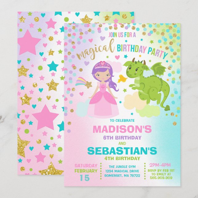Princess And Dragon Birthday Invitation Siblings (Front/Back)