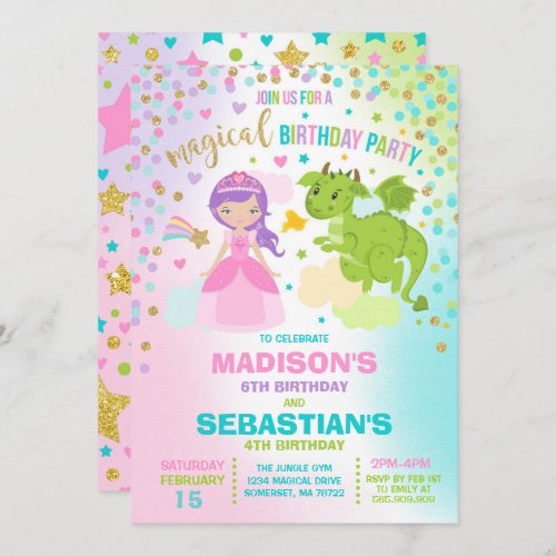 Princess And Dragon Birthday Invitation Siblings