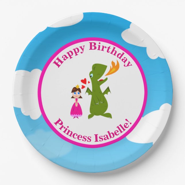 Princess and Dragon Fairy Tale Birthday Party Paper Plates (Front)