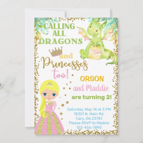 Princess and dragon siblings birthday invitation  invitation