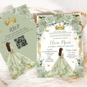 Princess and Frog Sage Green Floral Quinceañera QR Invitation