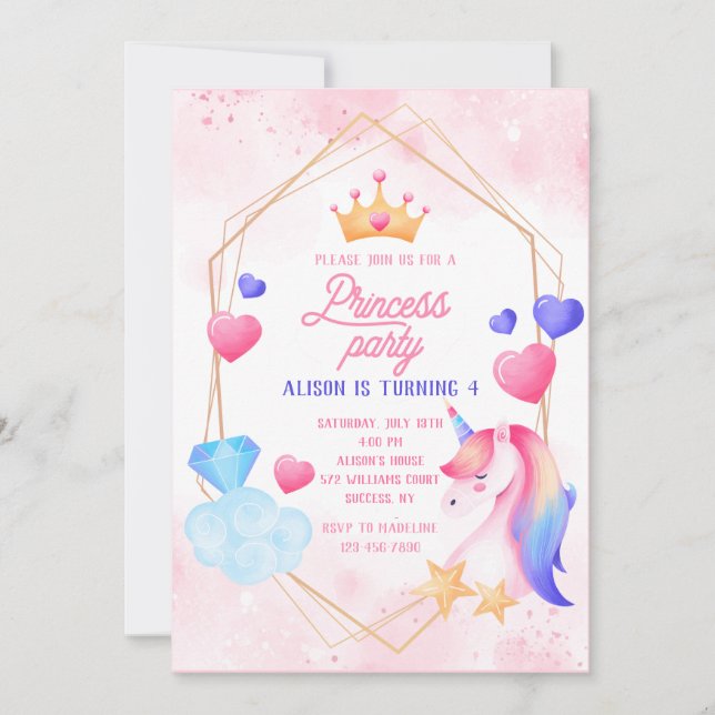 Princess and Her Unicorn Birthday Party Invitation (Front)