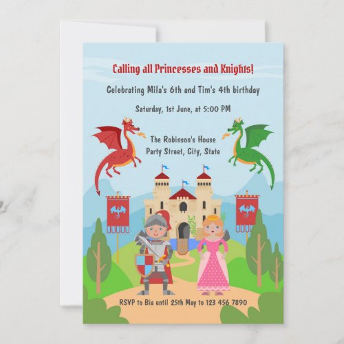 Princess and Knight joint birthday party Invitation