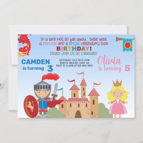 Princess and knight siblings birthday invitation invitation