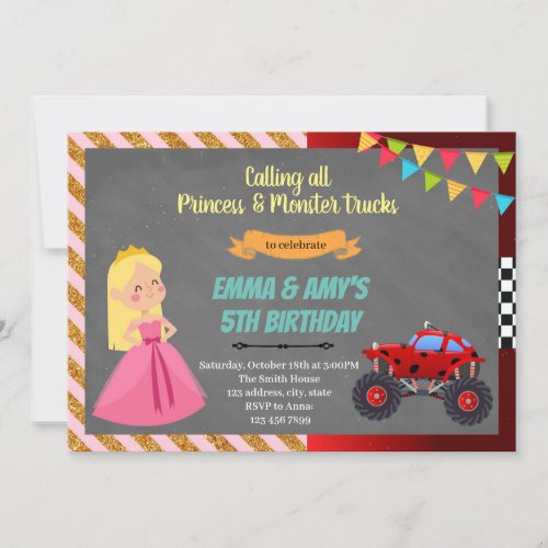 Princess and monster truck joint party Invitation