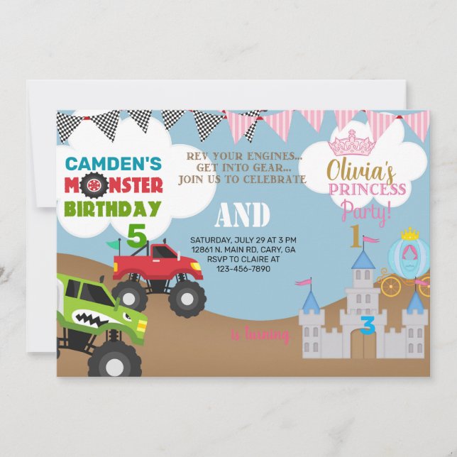Princess and monster trucks siblings invitation. invitation (Front)
