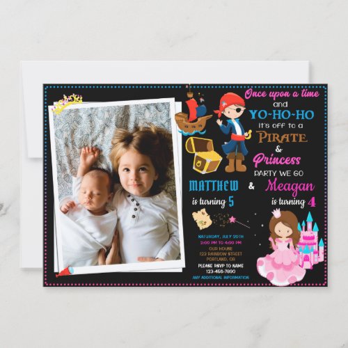 Princess and Pirate birthday invitation Two theme