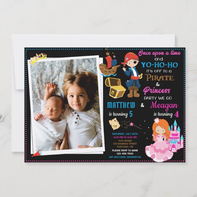 Princess and Pirate birthday invitation Two theme (Front)