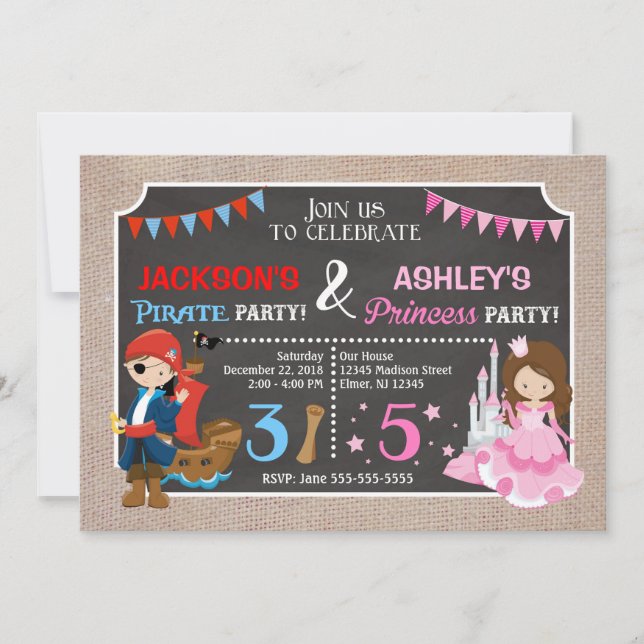 Princess and Pirate Joint BIrthday Invitation (Front)