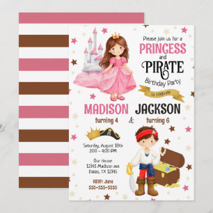 Princess and Pirate Kids Siblings Joint Birthday Invitation