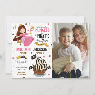 Princess and Pirate Photo Siblings Joint Birthday Invitation
