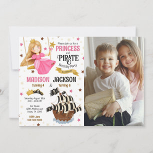 Princess and Pirate Photo Siblings Joint Birthday Invitation