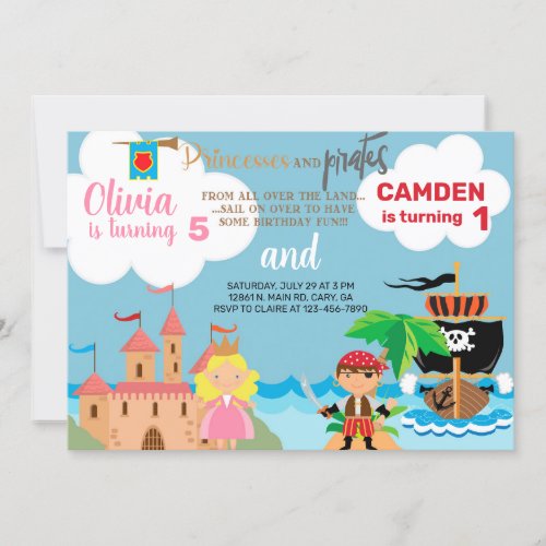 Princess and pirate siblings birthday invitation invitation