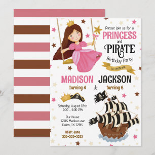 Princess and Pirate Siblings Joint Birthday Invitation